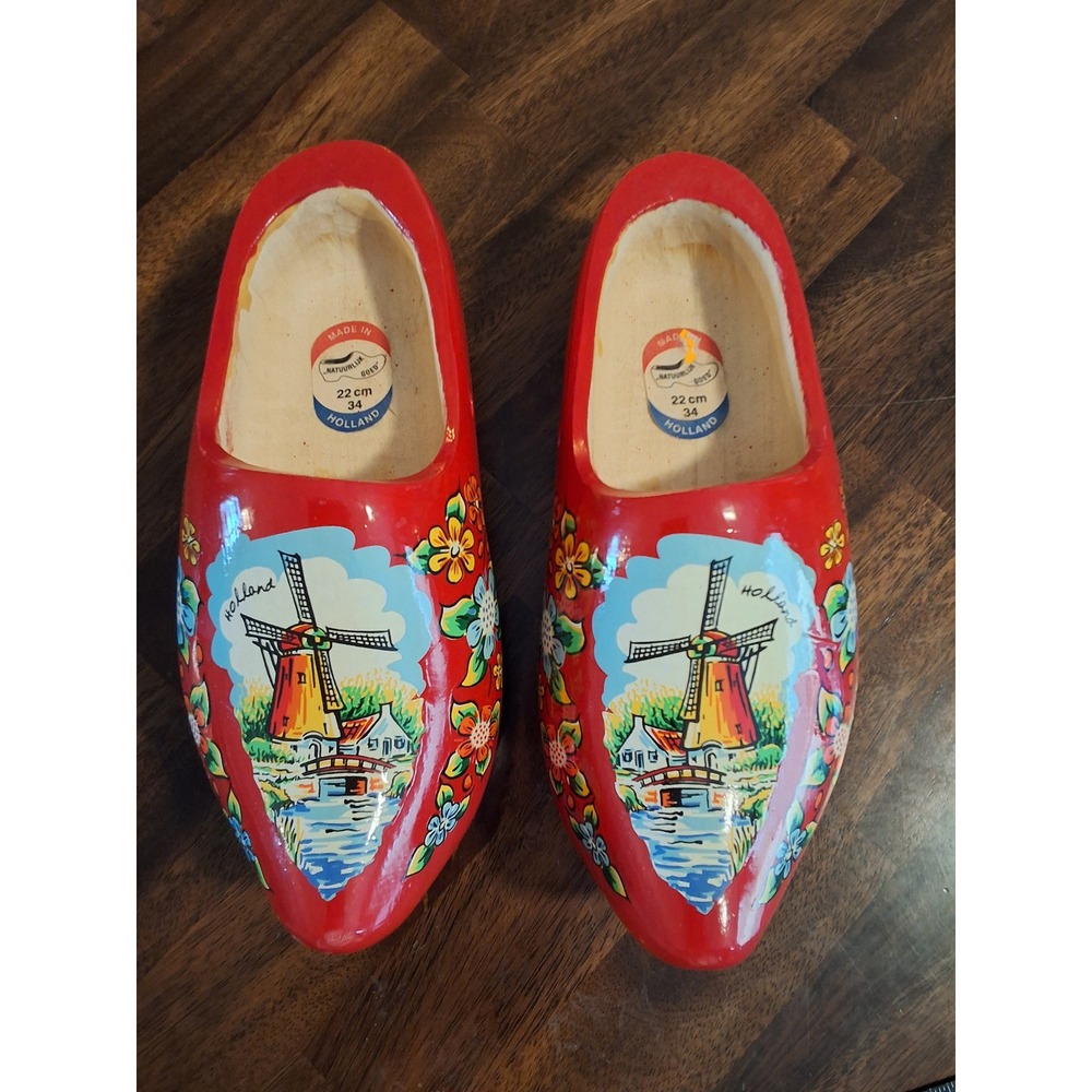 Vintage Holland Wooden Clogs Red Hand Painted Windmill Dutch Shoes Size 22cm 34